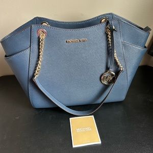 Michael Kors (MK) Jet Set Large Saffiano Leather Shoulder Bag - Navy